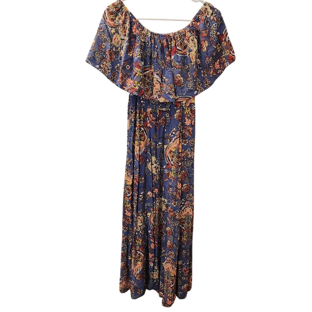 The Pyramid Collection Blue Floral Off Shoulder Rayon Maxi Dress Size Large